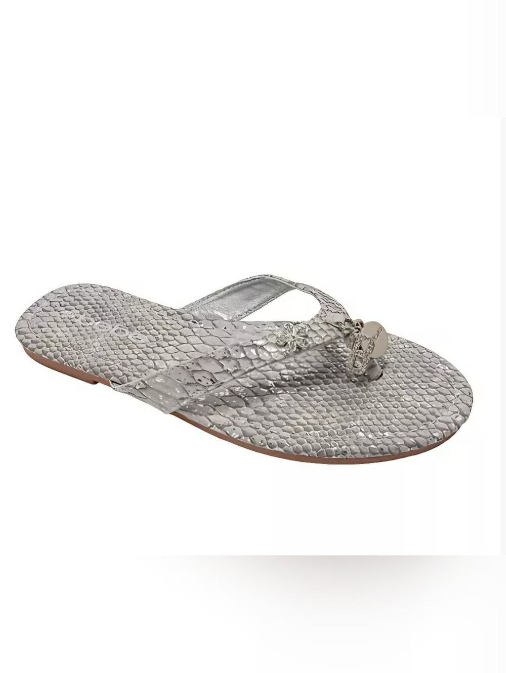 Bebe Women's Silver Snake-Texture Flip Flop Sandal